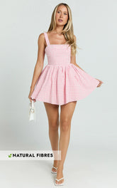 Caitlin Mini Dress - Gingham Square Neck Fit And Flare Dress in Pink