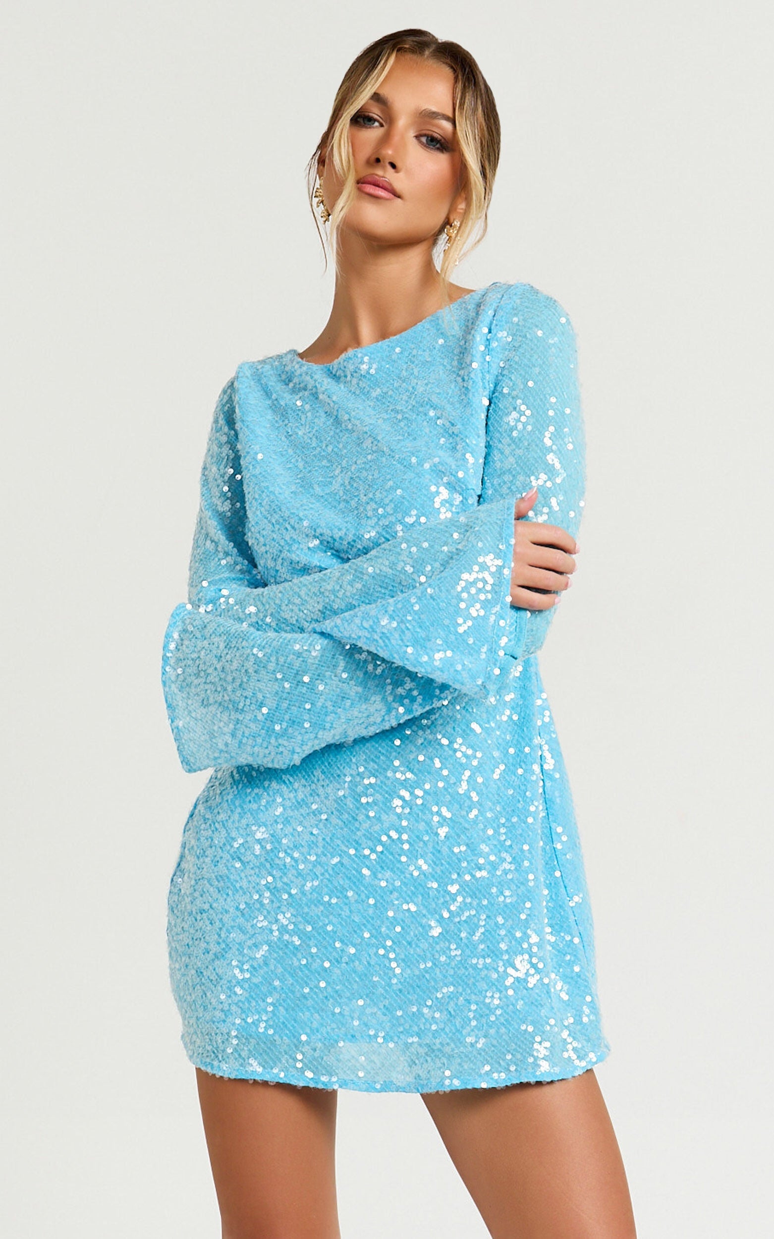 Bertina Mini Dress - Sequin Scoop Neck Low Back Dress in Blue