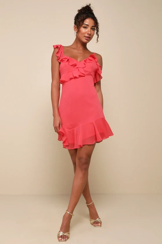 Captivating Always Coral Pink Ruffled Asymmetrical Mini Dress